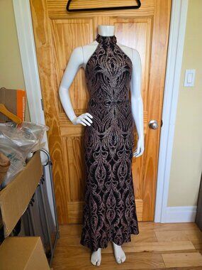 💛 82. Betsy & Adam Size 2 Slinky Glitter Print T-Back Formal Dress